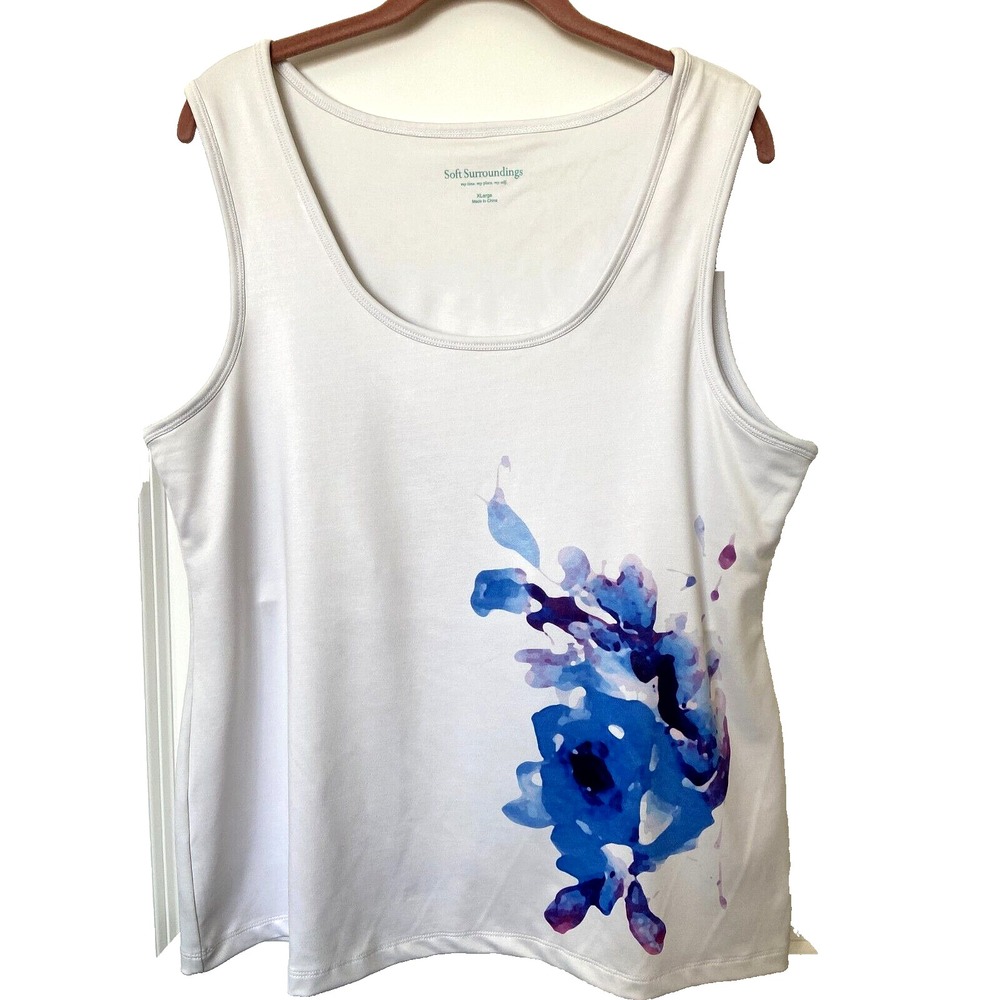 Soft Surroundings ~White Blue Floral Stretch Sleeveless Tank Top XL Built in Bra